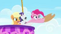 AJ and Rarity pull Pinkie into the balloon MLPRR