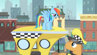 Rainbow Dash on top of a cab S4E08