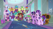 Twilight, friends, and students watch Rarity and Dash leave S8E17