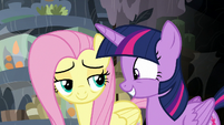 Twilight Sparkle grinning excitedly at Fluttershy S7E20