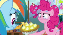 Pinkie Pie forcing yet another pie on Rainbow Dash S7E23