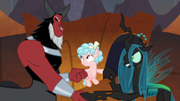 Tirek, Cozy, and Chrysalis holding hooves S9E2