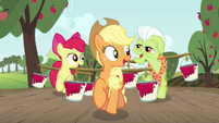 AJ, Apple Bloom, and Granny Smith carrying paint S3E8