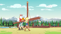 Applejack carrying a signpost with one arm EG4