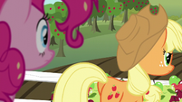 Applejack walking away from Pinkie Pie S5E24