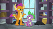 Smolder looking apologetic at Spike S8E11