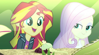 Sunset and Fluttershy look at the lizards SS7