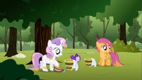 Buckets of water being slid over to Scootaloo and Sweetie Belle S1E23
