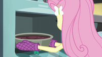 Fluttershy puts a cake pan in the oven EG3