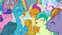 Gallus, Smolder, and Sandbar laugh together S8E2