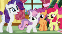 Rarity nudging Sweetie Belle out of the clubhouse S7E6