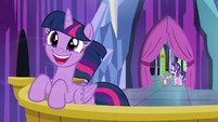 Spike and Starlight join Twilight on the balcony S6E1