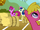 Berryshine, Cherry Berry, and Sweetie Drops looking at Rainbow Dash's flying hay bale S1E13.png