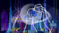 Princess Luna hovers over the sleeping Mane Six S5E13