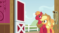 Applejack and Big Mac entering the barn S6E23