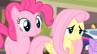 Pinkie Pie and Fluttershy listening to Rarity S4E08