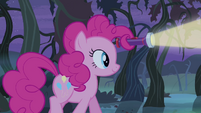 Pinkie Pie holding flashlight in her mane S4E07