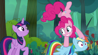 Pinkie standing on Rainbow Dash's head S8E13