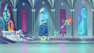 Royal guards blasting Cozy with lasers S9E24