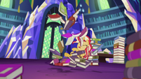 Sunset Shimmer flies into stacks of books EGS3