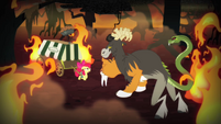 Apple Bloom and chimera surrounded by flames S4E17