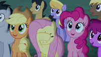 Audience getting excited; Fluttershy covering her eyes S6E6