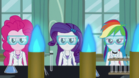 Pinkie, Rarity, and RD in goggles and lab coats EG3
