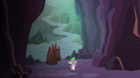 Spike, Twilight, and Rarity enter the heart of the flame-cano S6E5