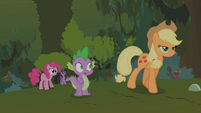 Applejack dismisses Pinkie Pie's and Spike's explosion theories S01E15