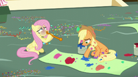 Applejack paints a banner and Fluttershy blows a balloon S5E11