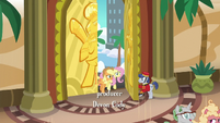 Bellhop opens the door for Applejack and Fluttershy S6E20