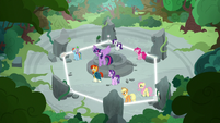 Mane Six and friends in a hexagonal spell circle S7E25