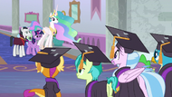 Twilight, Celestia, and Neighsay look at Young Six S8E26