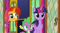 Twilight, Spike, and Sunburst enter the throne room S8E8