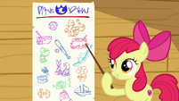 Apple Bloom pointing at the cutie mark chart S6E19