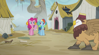 Pinkie trying to get the attention of a griffon S5E8