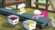 Pinkie y Fluttershy trabajando mientras las otras interrogan a Applejack.