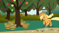 Applejack bucking an apple tree S01E01