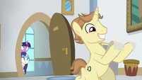 Destitute Pony holding two halves of a worksheet S8E16