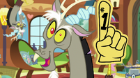 Discord with a foam finger on his claw S7E12