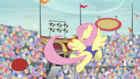 Fluttershy flings the ball to the goal S9E6