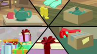 Split-screen of stuff being bought and gift-wrapped MLPBGE