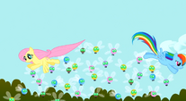 Fluttershy and Rainbow Dash herding Parasprites from above S01E10