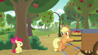 Apple Bloom hides behind a tree S9E10