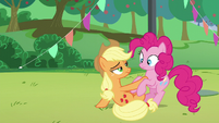 Applejack pushes Pinkie away S5E24