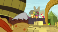 Cutie Mark Crusaders wave at Trouble Shoes S5E6