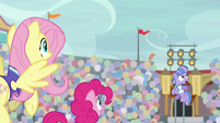 Fluttershy, Pinkie, and Wind see ball go flying S9E6