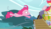 Pinkie Pie being flown off S4E09