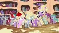 Twilight, Tiara, and Silver covered in applesauce S4E15