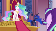 Celestia smiling innocently; Luna pouting S7E10